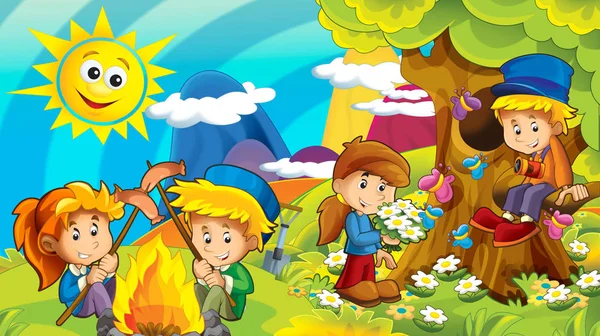 cartoon autumn nature background in the mountains with kids having fun with space for text - illustration for children