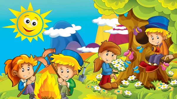 动画片秋天自然背景在山与孩子们有乐趣与空间为文本 例证为孩子 — 图库照片