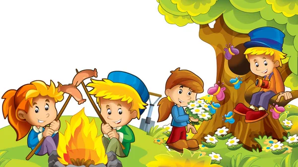 cartoon autumn nature background with kids having fun with camping space for text - illustration for children