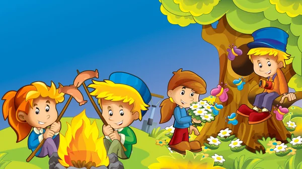 Cartoon Herbst Natur Hintergrund Mit Kindern Die Spaß Mit Camping — Stockfoto