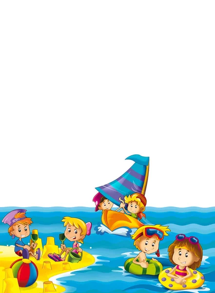 Crianças Brincando Praia Divertindo Junto Mar Oceano Com Espaço Para — Fotografia de Stock