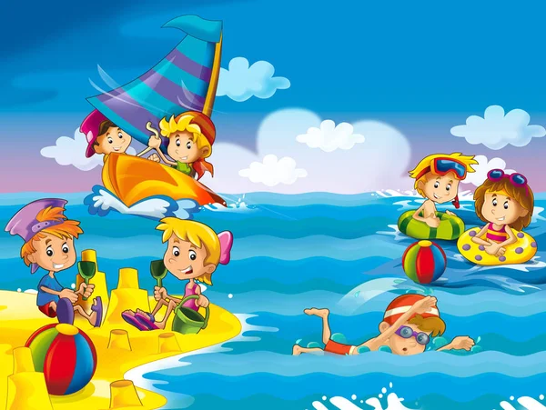 Дети Играющие Пляже Веселятся Моря Океане Иллюстрация Детей — стоковое фото