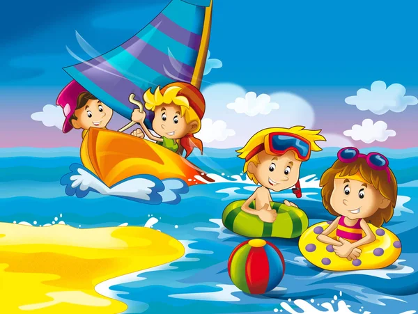 Bambini Che Giocano Spiaggia Divertendosi Riva Mare Sull Oceano Illustrazione — Foto Stock