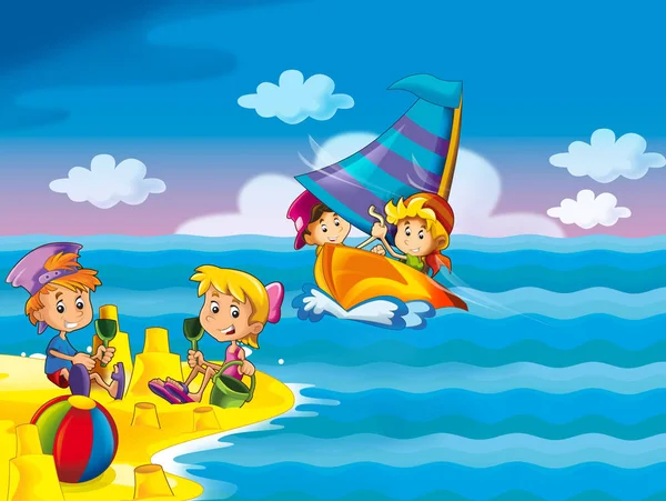 Děti Hrají Pláži Baví Moři Nebo Oceánu Ilustrace Pro Děti — Stock fotografie