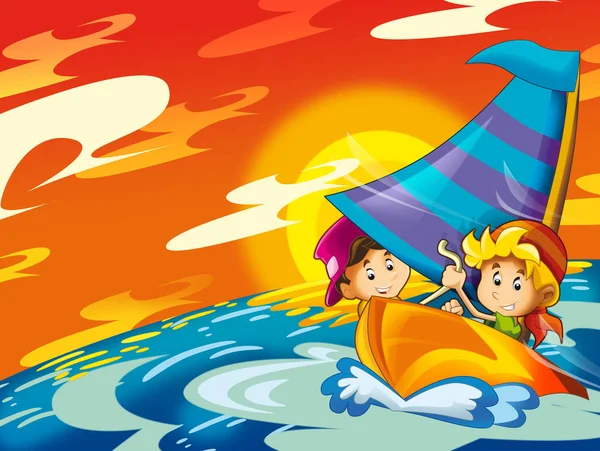 Crianças Brincando Praia Divertindo Junto Mar Oceano Ilustração Para Crianças — Fotografia de Stock