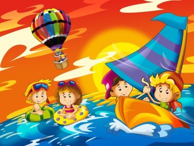 Sahilde deniz ya da okyanus - Gösterim amacıyla çocuklar eğleniyor oynayan çocuklar