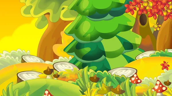 Cartoon Herbst Natur Hintergrund Mit Wald Illustration Für Kinder — Stockfoto