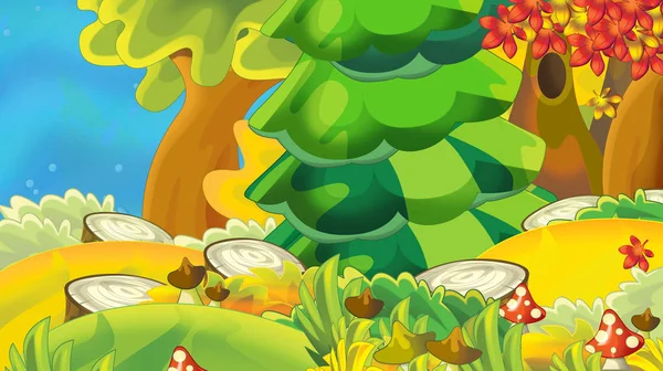 Tecknade Hösten Natur Bakgrund Med Skogen Illustration För Barn — Stockfoto