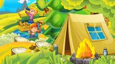 Çadır ormandaki - illüstrasyon çocuklar için çizgi film sahne
