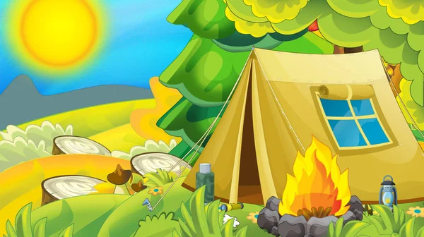 Scena Cartoni Animati Con Tenda Nella Foresta Illustrazione Bambini — Foto Stock