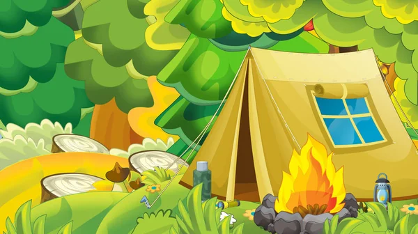 Scena Cartoni Animati Con Tenda Nella Foresta Illustrazione Bambini — Foto Stock