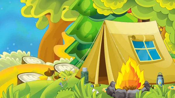 Scena Cartoni Animati Con Tenda Nella Foresta Illustrazione Bambini — Foto Stock