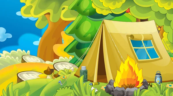 帐篷里森林 儿童插画卡通场景 — 图库照片