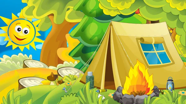 Cartoon Scène Met Tent Het Bos Illustratie Voor Kinderen — Stockfoto