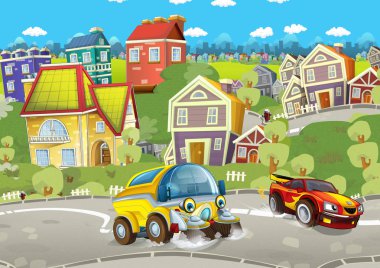 Şehir ve spor yakın - illüstrasyon çocuklar için araba araba araba Sarnıcı araba temizlik ile çizgi film yaz sahne