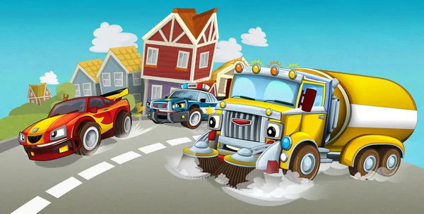 洗浄槽車のスポーツ車の運転の近く 子供のための図と都市と警察の追跡を運転漫画夏のシーン — ストック写真