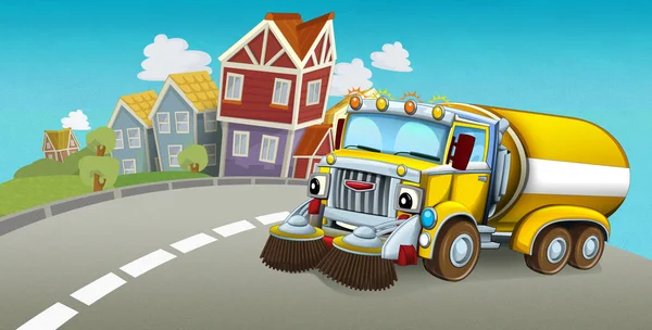 Cartoon Summer Scene Cleaning Car Driving City Illustration Children — Stock Photo, Image