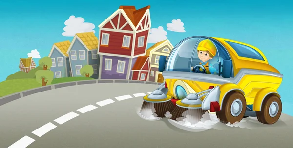 Γελοιογραφία Καλοκαίρι Σκηνή Τον Καθαρισμό Αυτοκινήτων Οδήγηση Μέσα Στην Πόλη — Φωτογραφία Αρχείου