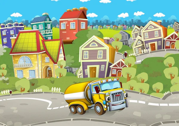 洗浄槽車の運転の都市 子供のためのイラストを漫画夏のシーン — ストック写真