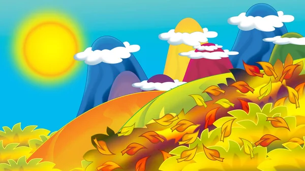 漫画の秋の紅葉と子供のための図のテキスト スペース山の秋の自然の背景 — ストック写真
