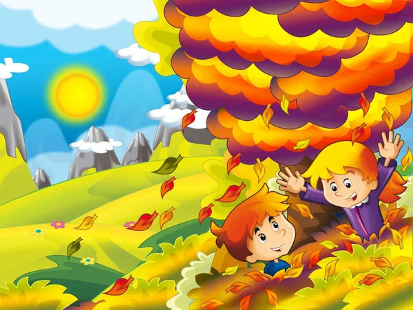 动画片秋天自然背景在山与女孩和男孩玩捉迷藏和有乐趣与下落的叶子 例证为孩子 — 图库照片