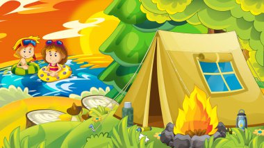 Plajda eğlenmek deniz ya da okyanus tarafından çadır Ormanı yakınlarında ve kamp - illüstrasyon çocuklar için oynayan çocuklar