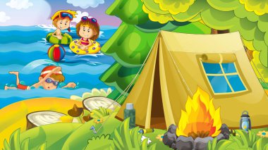 Sahilde deniz ya da okyanus - Gösterim amacıyla çocuklar eğleniyor oynayan çocuklar