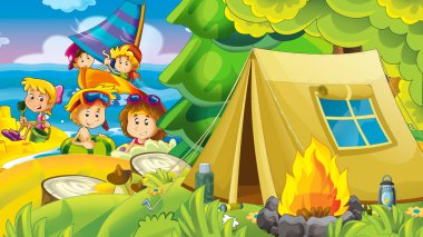 Sahilde deniz ya da okyanus - Gösterim amacıyla çocuklar eğleniyor oynayan çocuklar