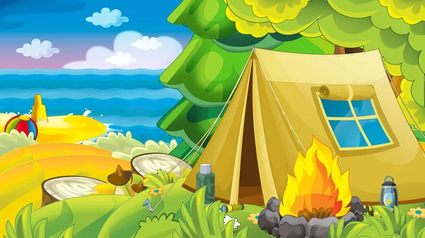 cartoon summer nature background with forest near the sea or ocean - illustration for children