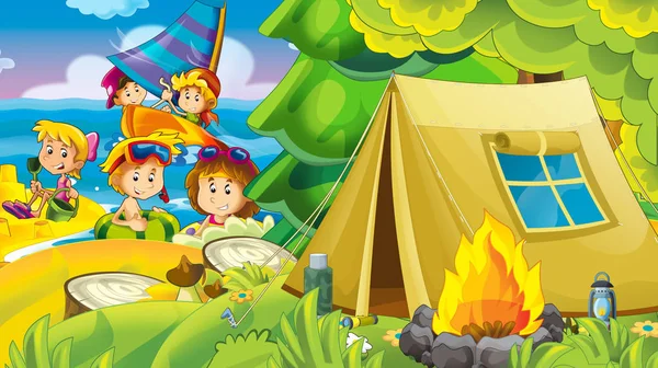 Sahilde deniz ya da okyanus - Gösterim amacıyla çocuklar eğleniyor oynayan çocuklar