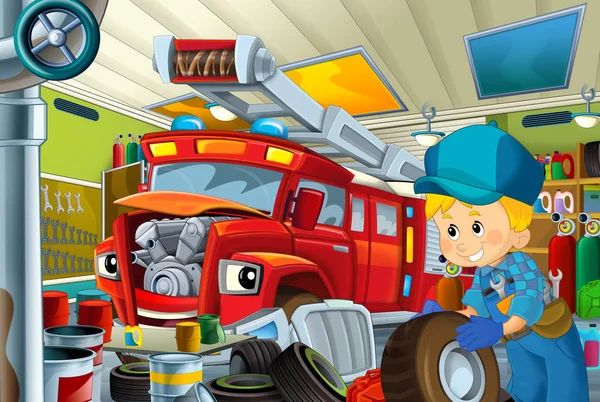 Cartoon Mechanic Workshop Fire Truck Illustration Children — Stock Photo, Image