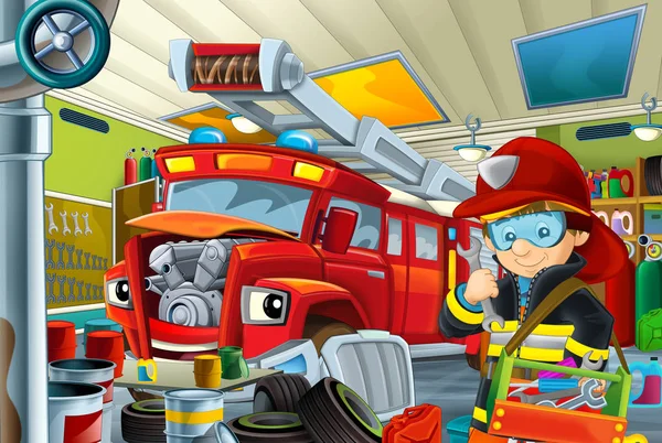 Cartoon Mechanic Workshop Fire Truck Fireman Repairing Car Illustration Children — Stock Photo, Image
