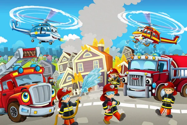 Cartoon Gelukkig Grappige Stad Scène Met Verschillende Auto Brandweerlieden Vliegende — Stockfoto