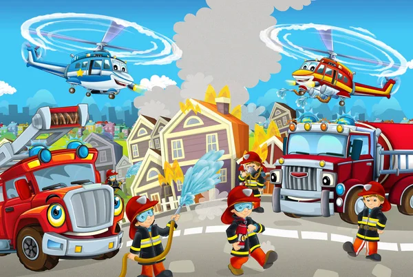 Cartoon happy and funny city scene with firemen and different cars and flying machines for different usage - illustration for children — Stock Image Cartoon Happy Funny City Scene Firemen Different Cars Flying Machines Stock Photo