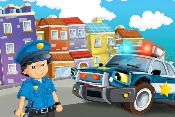 Rajzfilm Jelenet Rendőrségi Autó Áthajtás Város Illusztrációja Gyermekeknek — Stock Fotó