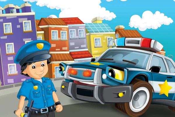 Kreskówka Scena Policji Samochód Jazdy Przez Miasto Policjanta Ilustracja Dla — Zdjęcie stockowe