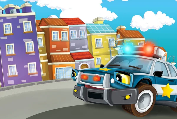 警察車の運転の都市 子供のための図を持つ漫画シーン — ストック写真