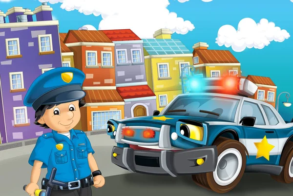 Rajzfilm Jelenet Rendőrségi Autó Áthajtás Város Rendőr Illusztrációja Gyermekeknek — Stock Fotó