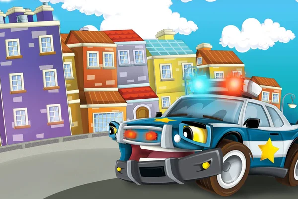 Cena Dos Desenhos Animados Com Carro Polícia Dirigindo Pela Cidade — Fotografia de Stock