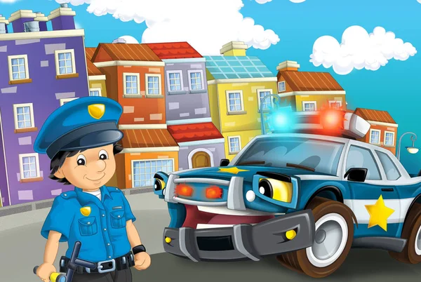 Scène Dessin Animé Avec Voiture Police Traversant Ville Policier Illustration — Photo