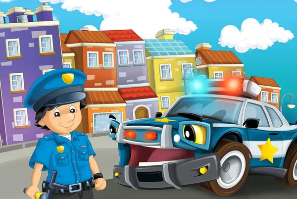 Cartoon Scène Met Politie Auto Rijden Door Stad Politieman Illustratie — Stockfoto
