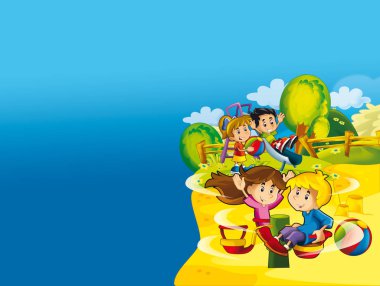 Lunapark ve çocuklar oyun alanında metin - illüstrasyon çocuklar için için yer ile karikatür manzara