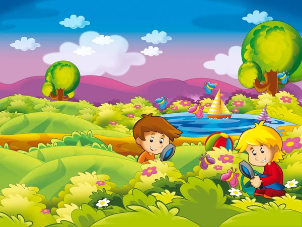 cartoon autumn nature background near the lake in the mountains kids having fun with space for text - illustration for children