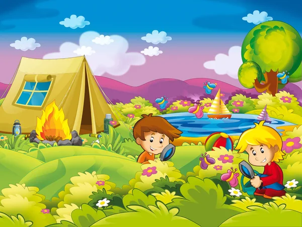 Cartoon Autumn Nature Background Lake Mountains Kids Having Camping Space — Stock Photo, Image