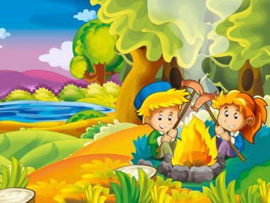 Sonbahar Doğa arka plan Gölü kamp tarafından eğleniyor ve ızgara - illüstrasyon çocuklar için çocuklar ile çizgi film