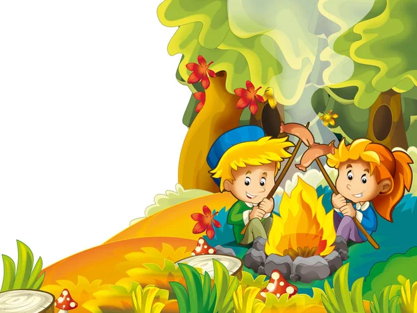 Cartoon Herbst Natur Hintergrund Mit Kindern Spaß Beim Zelten Mit — Stockfoto