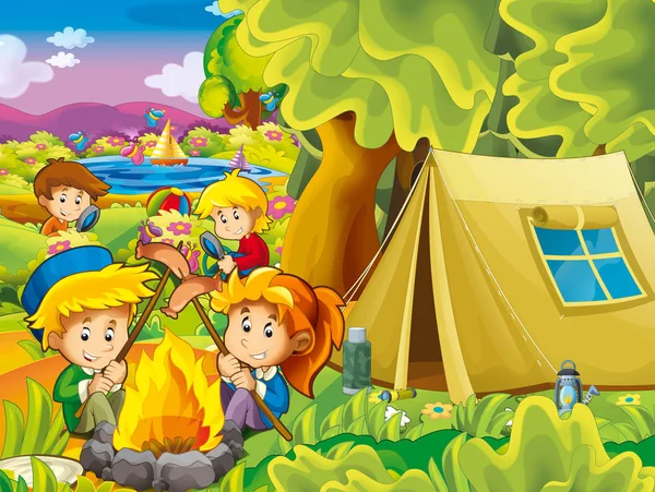Cartoon Herfst Natuur Achtergrond Met Kinderen Plezier Door Lake Camping — Stockfoto