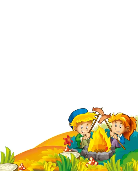 Kreskówka Jesień Natura Tło Dziećmi Zabawy Camping Namiotu Grillowanie Miejsca — Zdjęcie stockowe