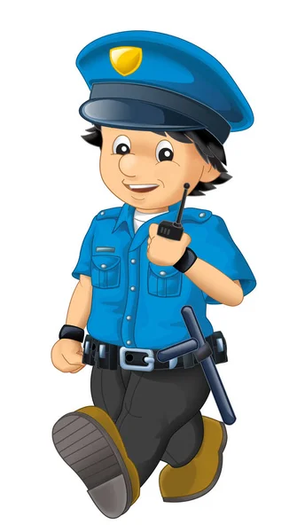 Kreslený Scény Happy Policista Službě Mluví Rádia Bílém Pozadí Ilustrace — Stock fotografie