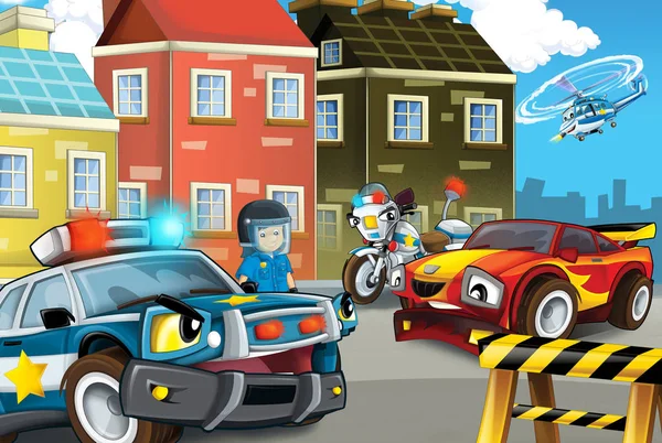 Cartoon Scen Med Polisbil Kör Genom Staden Och Polis Illustration — Stockfoto